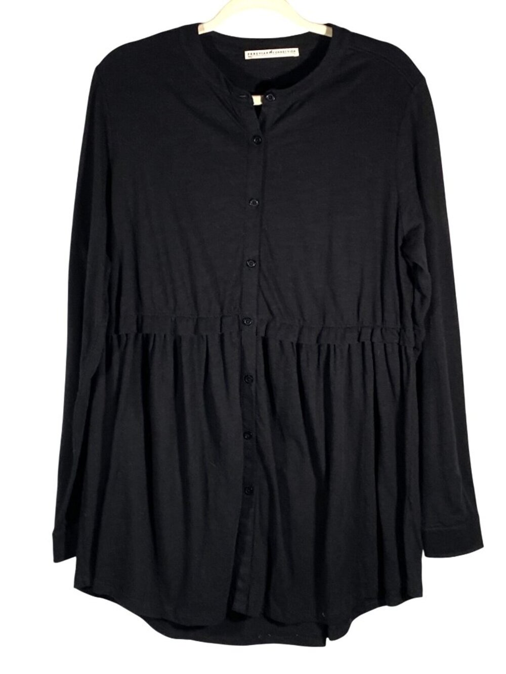 Peruvian Connection Black Babydoll Button-Down Tunic Shirt Dress With Mandarin C